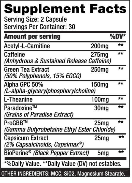 Afterburn Mach-I Supplement Facts panel